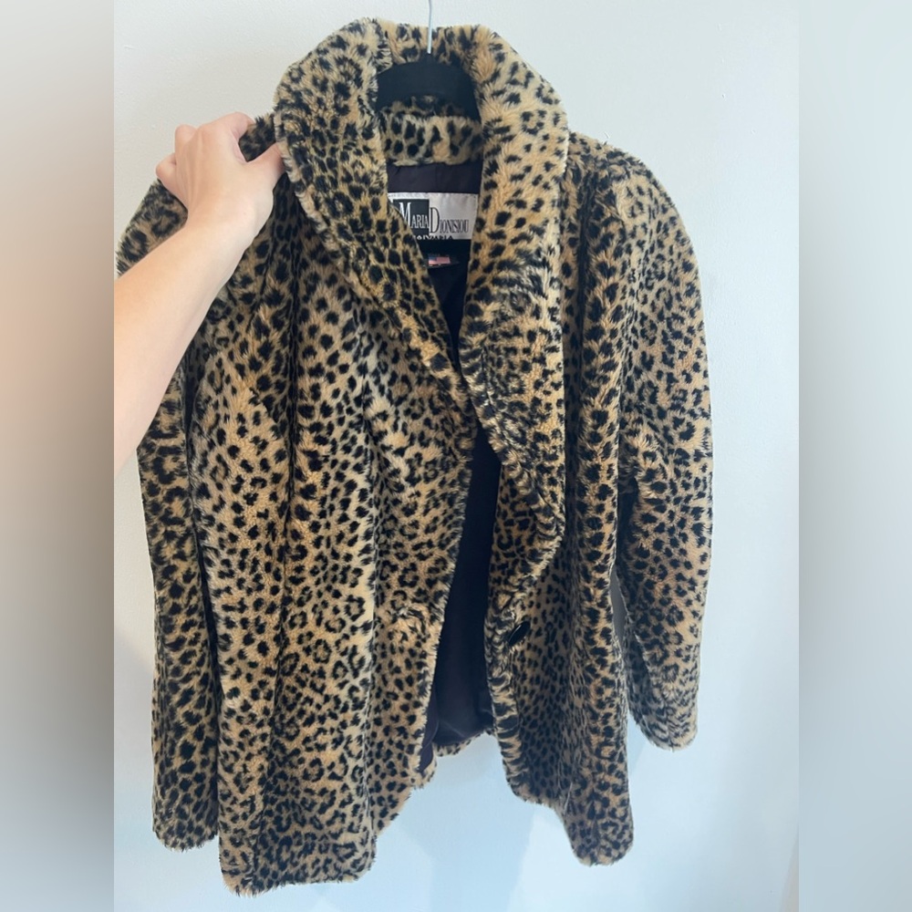 Vintage Maria Dionisiou for Olympia USA Leopard Print Faux Fur Coat 1990s